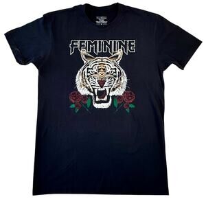 Tiger and Roses Edgy Graphic Tee Titled “Feminine” by EllandEmm | Size Medium